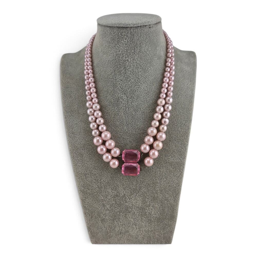 Vintage 1950s Pink Faux Pearl Double Strand Necklace Large Glass Stones